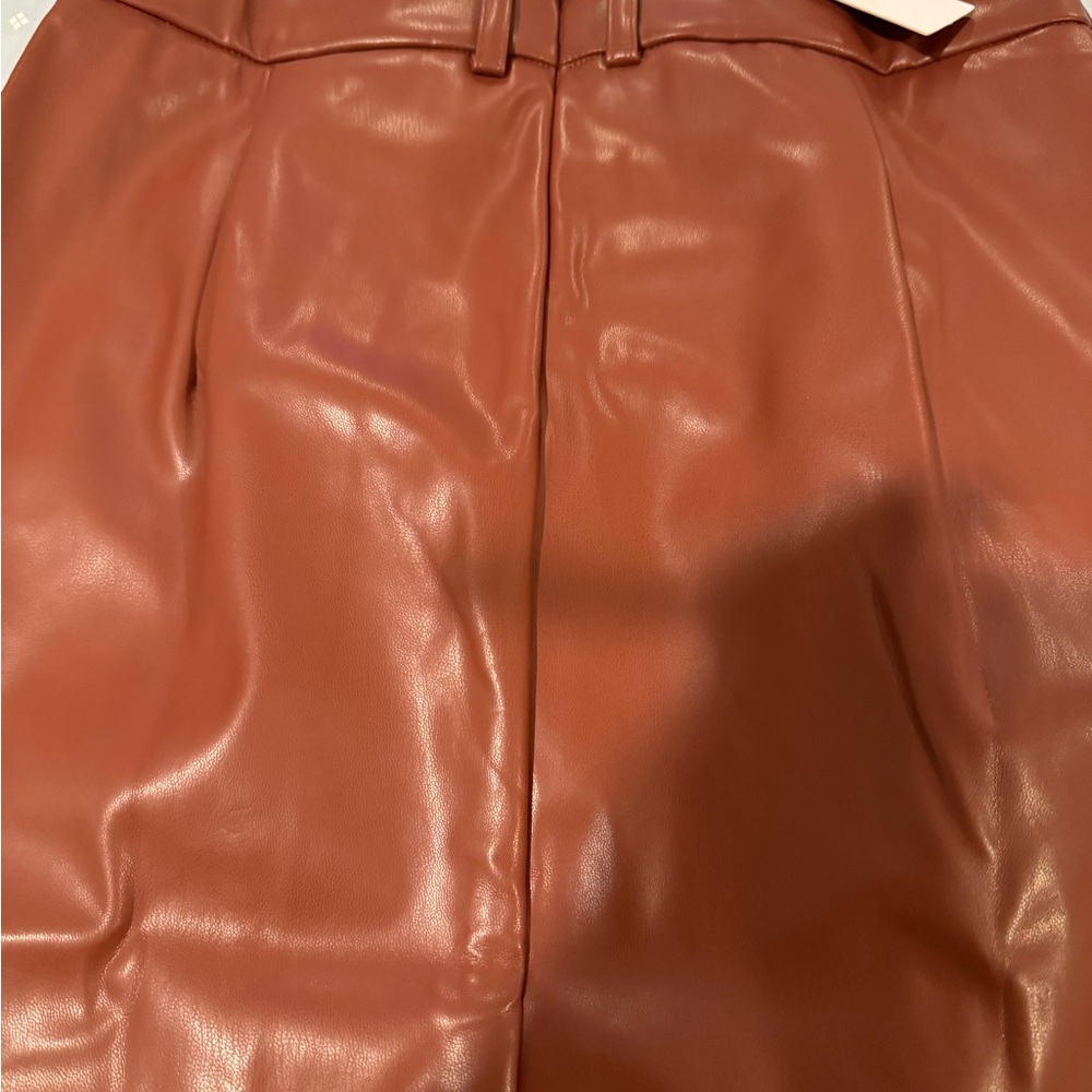 Women’s Brown Faux Leather Midi Pencil Skirt with Front Slit - Picture 4 of 6